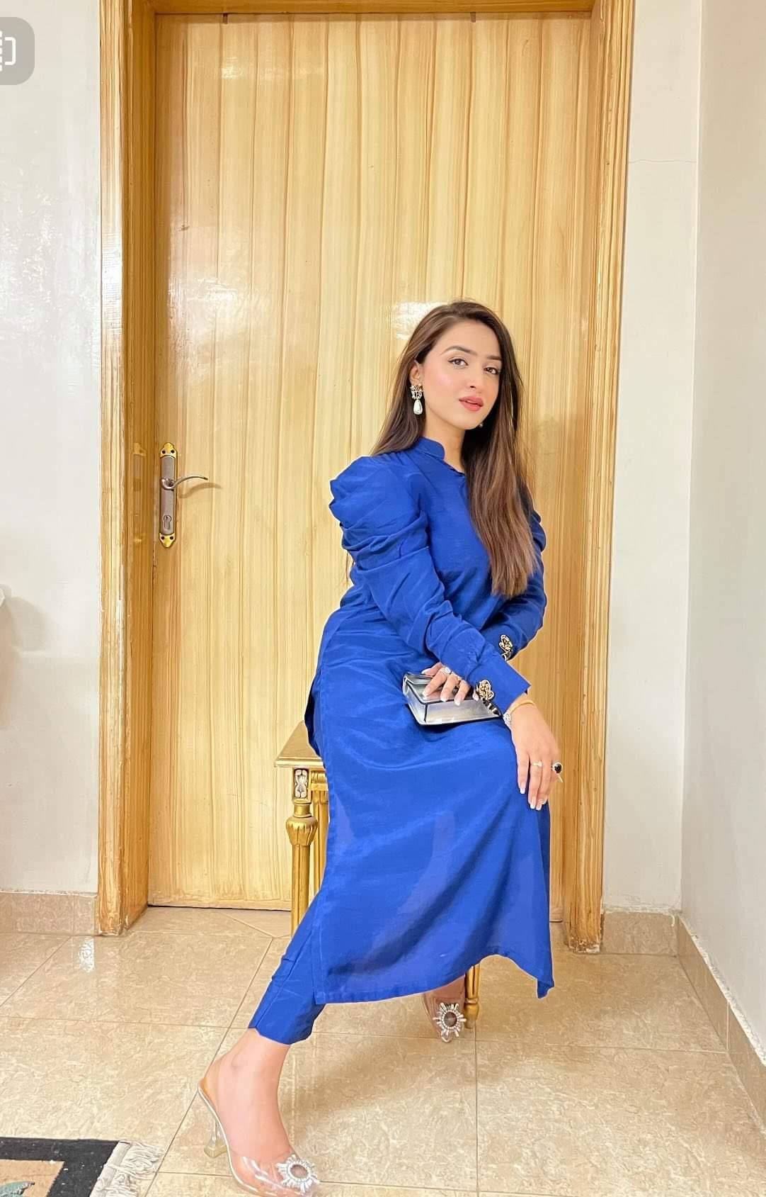 Manahils Stitched Blue Puffy Sleeves Raw Silk