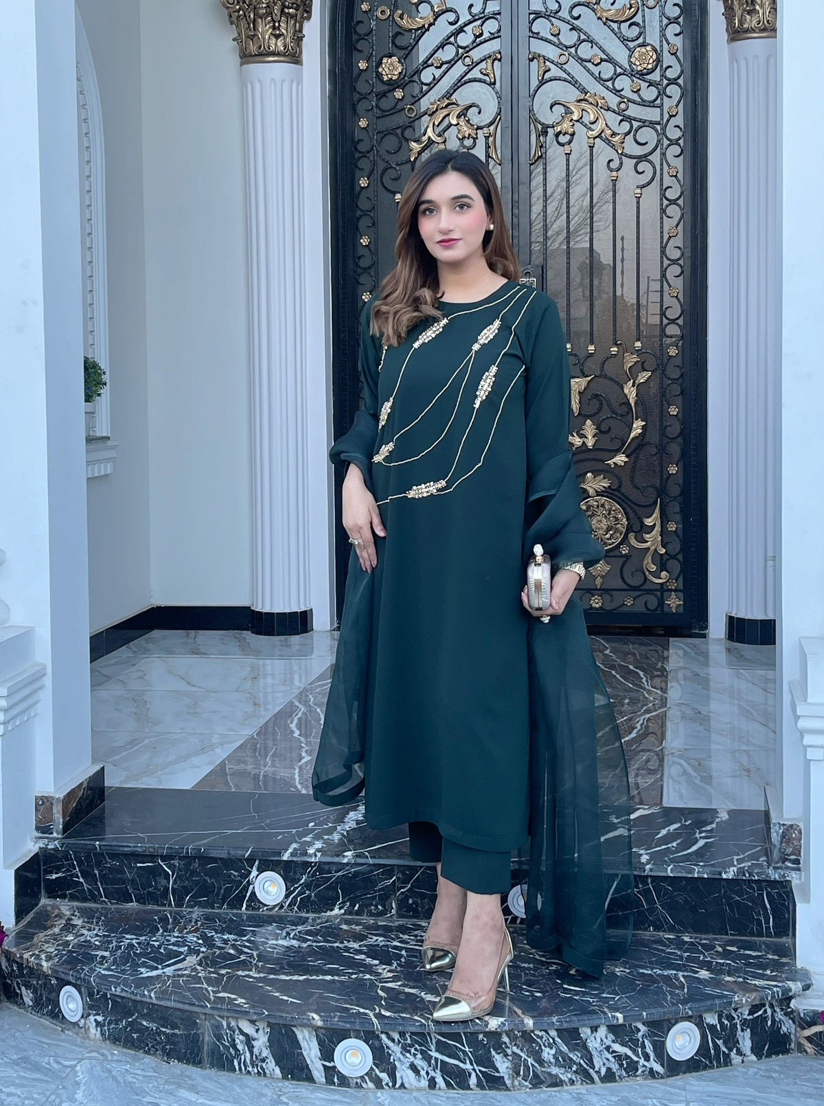 Manahils Stitched Co Ords Dark Green Embellished Swarovski