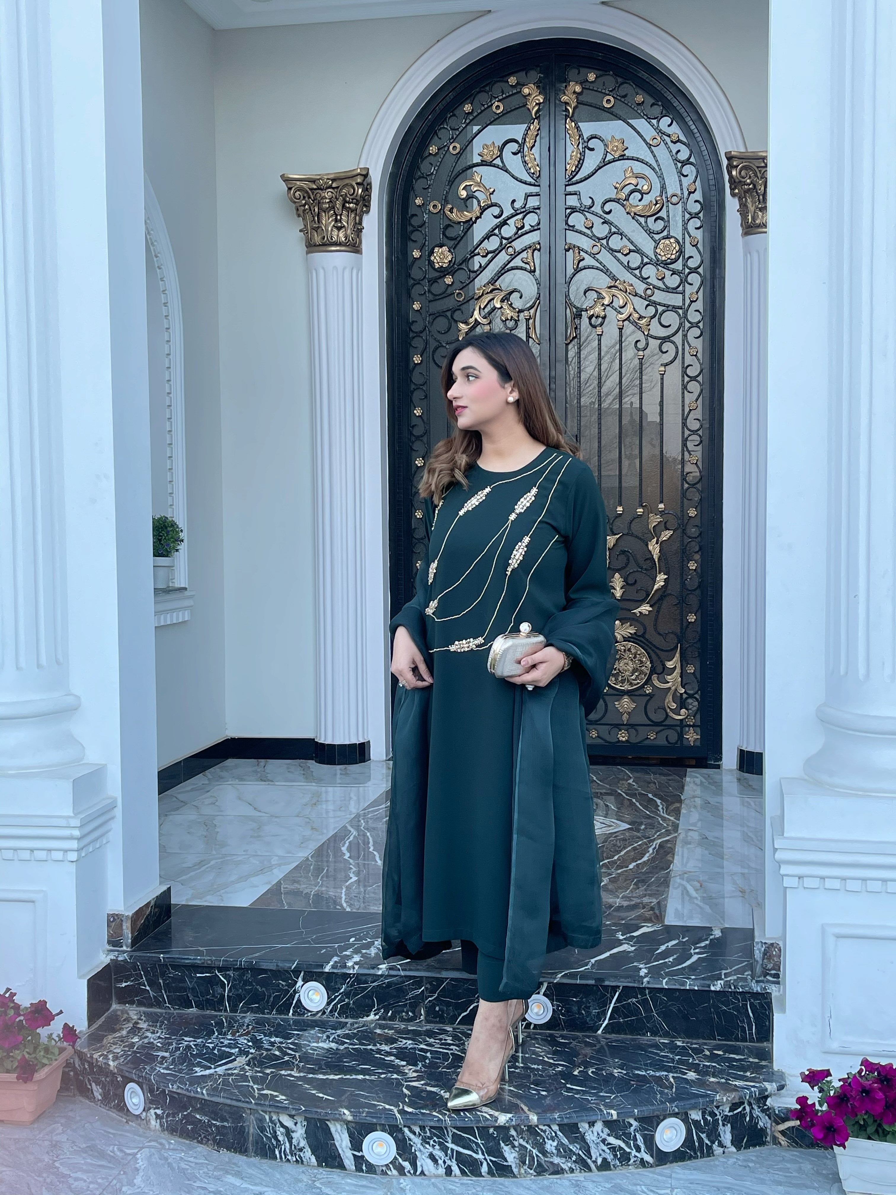 Manahils Stitched Co Ords Dark Green Embellished Swarovski