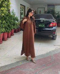 Manahils Stitched Brown Button Set+Fringes