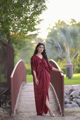 Manahils Stitched Velvet Silk Kaftan Maroon