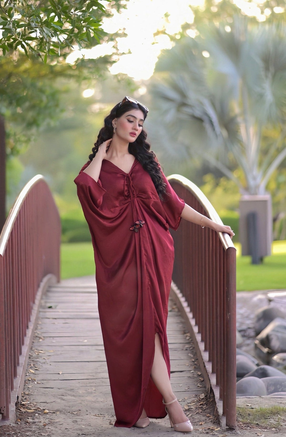 Manahils Stitched Velvet Silk Kaftan Maroon