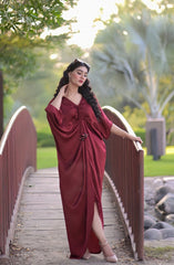 Manahils Stitched Velvet Silk Kaftan Maroon