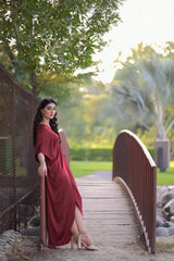 Manahils Stitched Velvet Silk Kaftan Maroon
