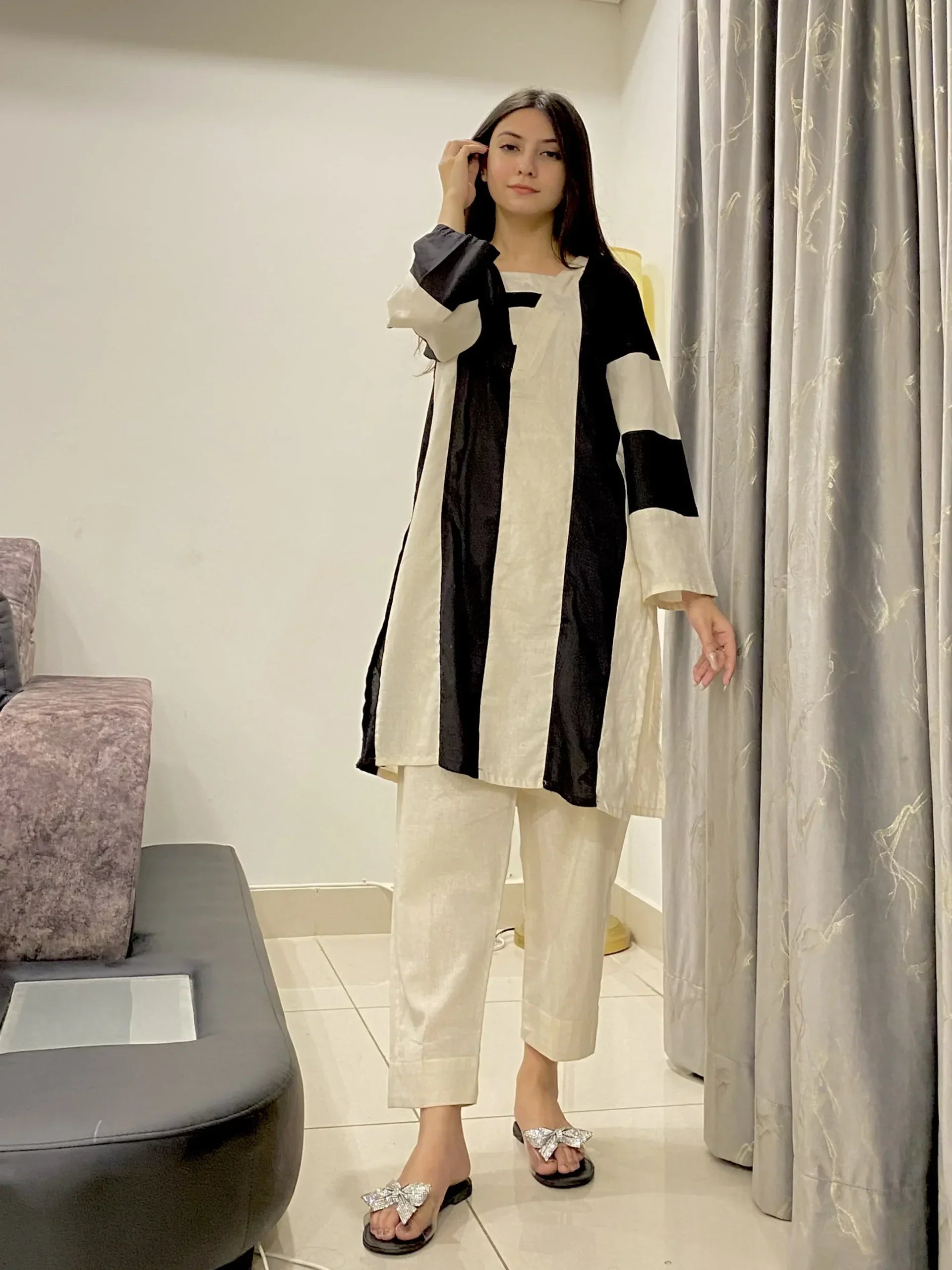 Urban Cut 2 Piece Cream  Black -Stitched Shirt -100% Cotton
