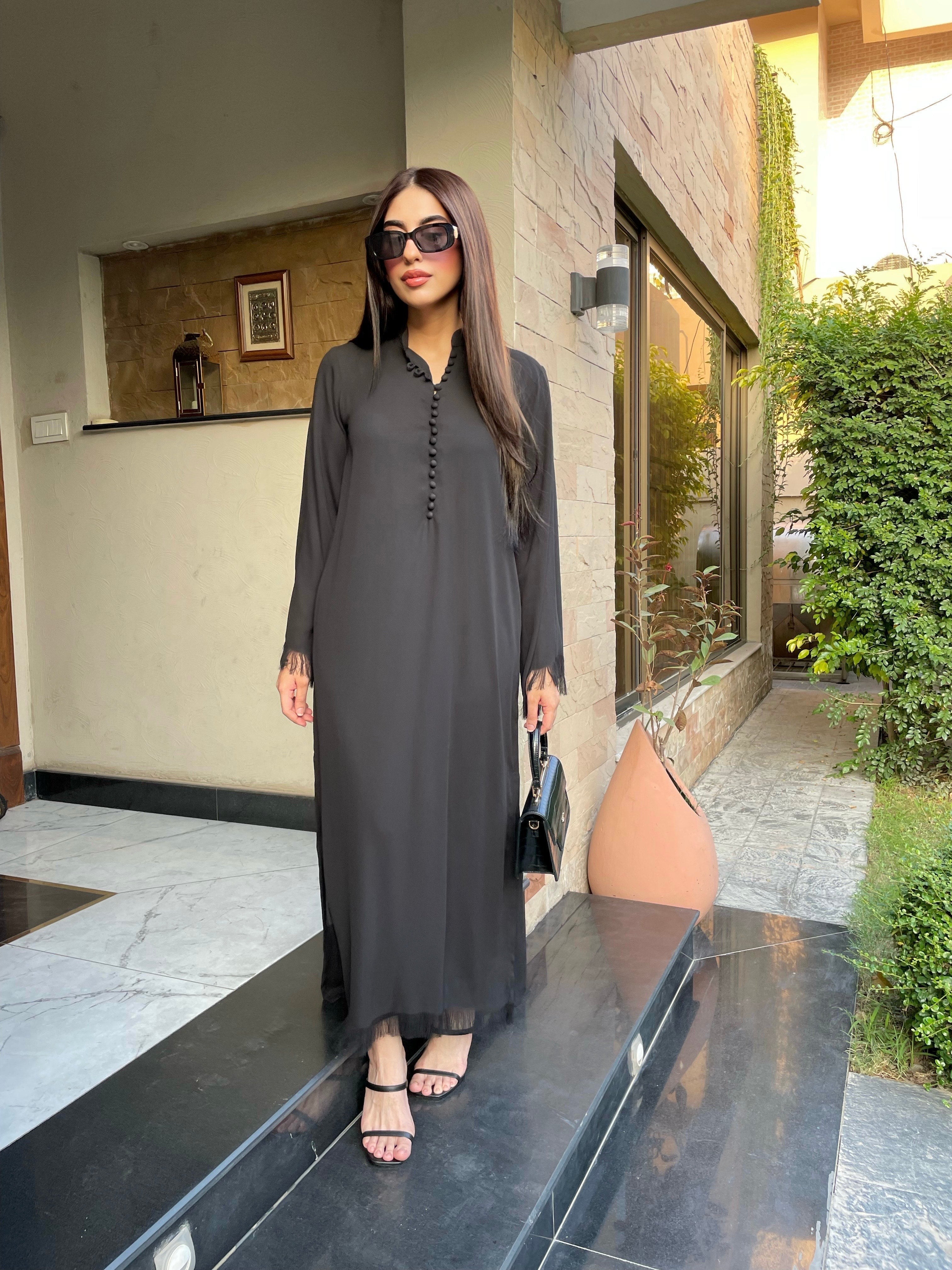 Manahils Stitched Black Button Set + Fringes