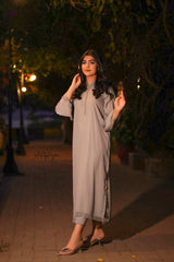 Manahils Stitched Tunic Gray Buttons +Fringes