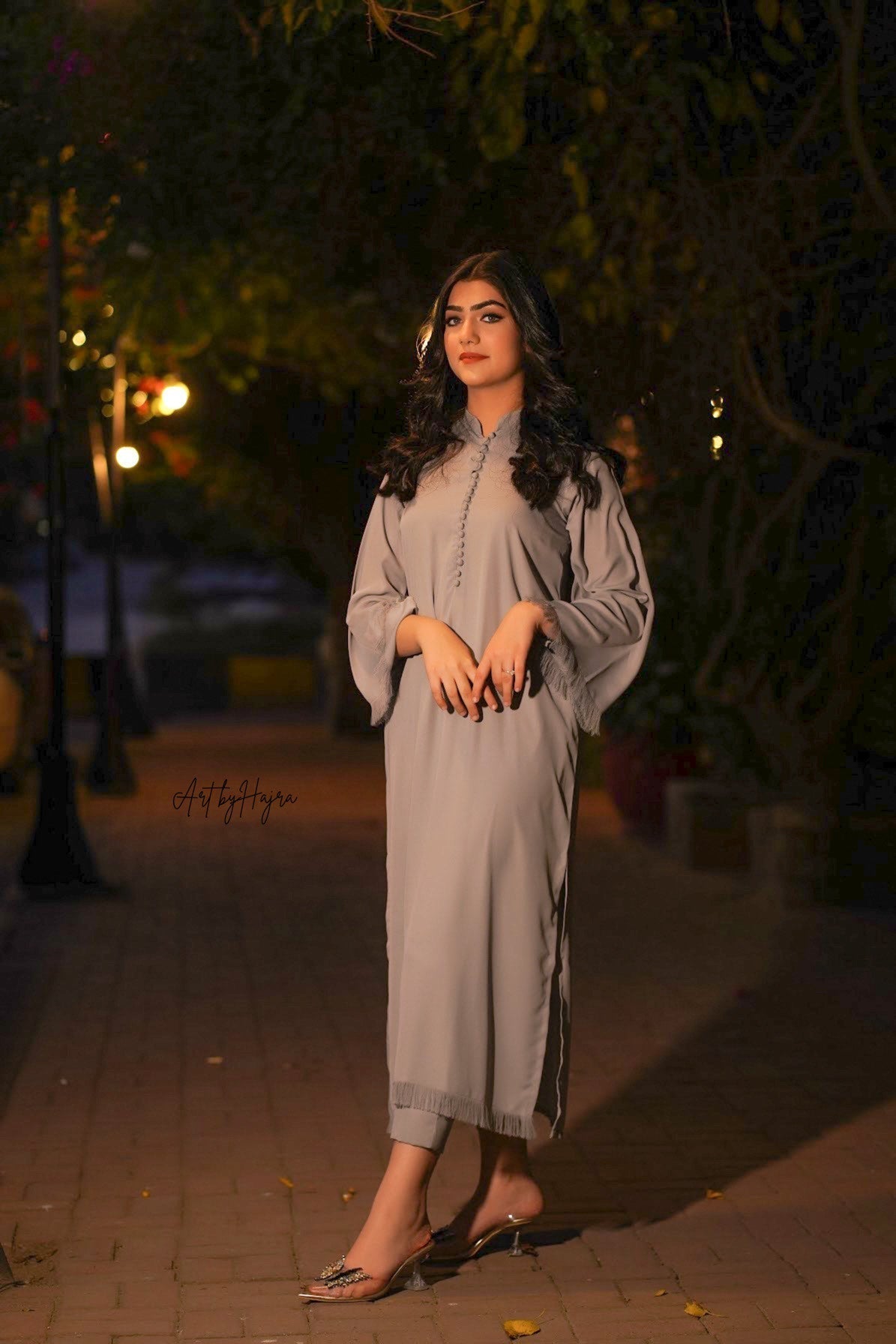 Manahils Stitched Tunic Gray Buttons +Fringes
