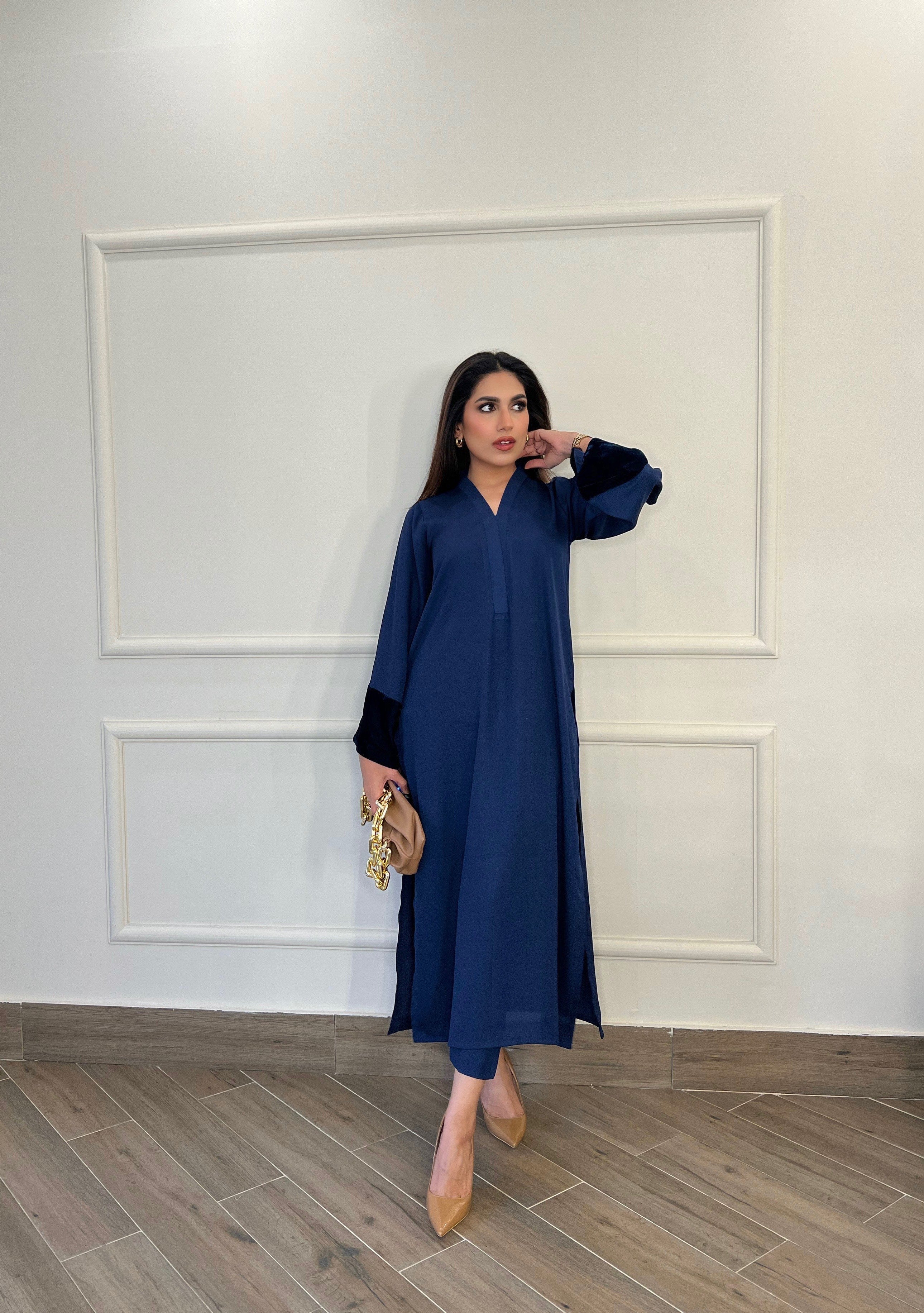 Manahils Stitched Co Ords Blue Long Set With Velvet Tunic
