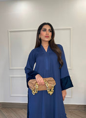 Manahils Stitched Co Ords Blue Long Set With Velvet Tunic