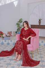Umer Aayan Mahpara 03-Piece Embroidered Red Chiffon Suit