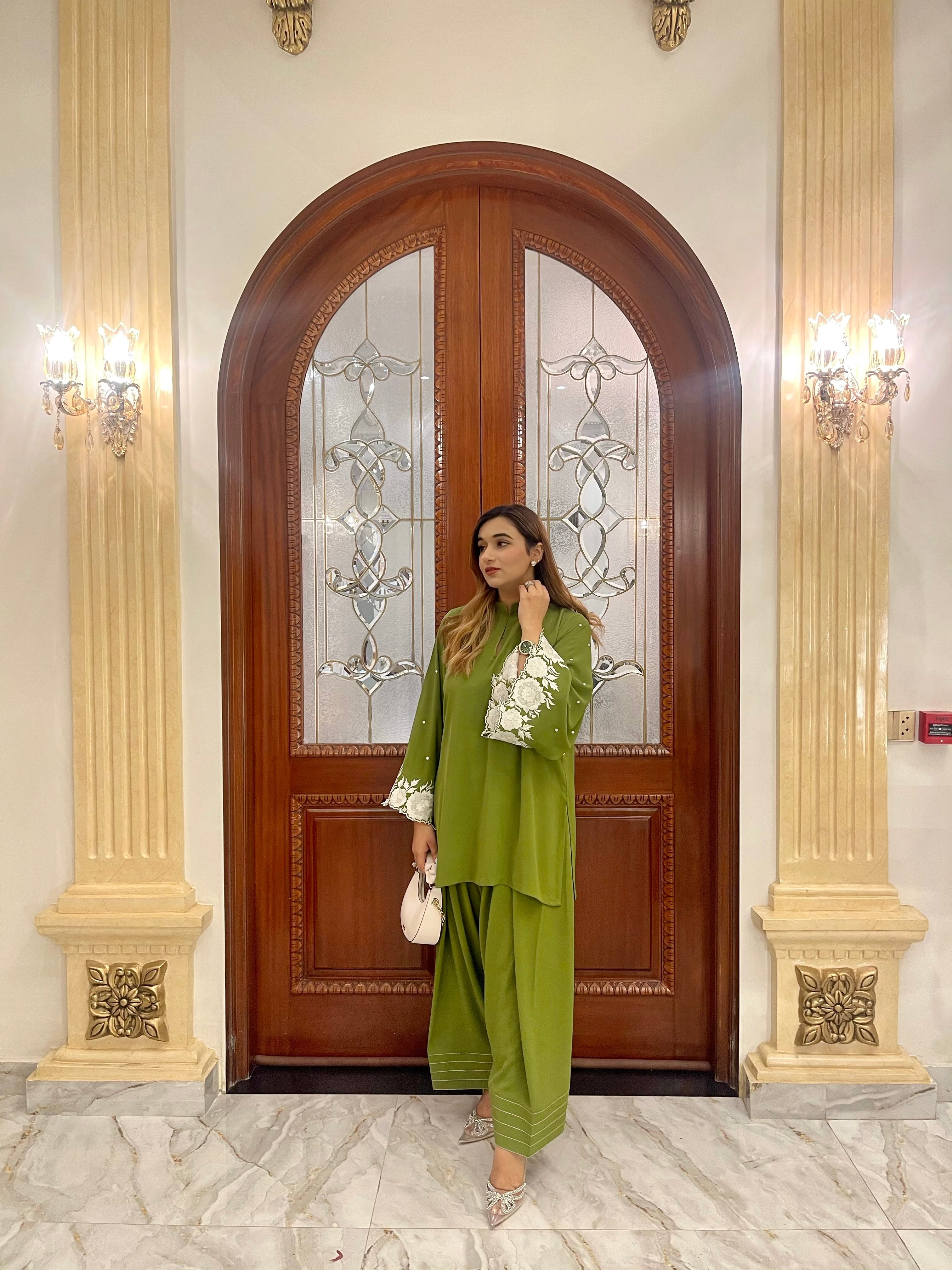 Manahils Stitched Moss Green Embroidered Two Pc