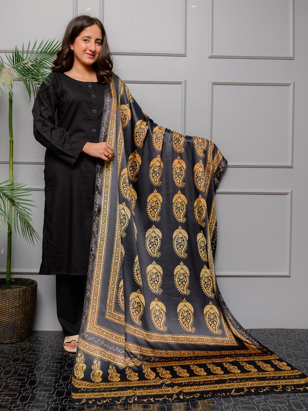 Tng By Md Odhni Collection-Ajrak Batik Silk  (Golden Black)