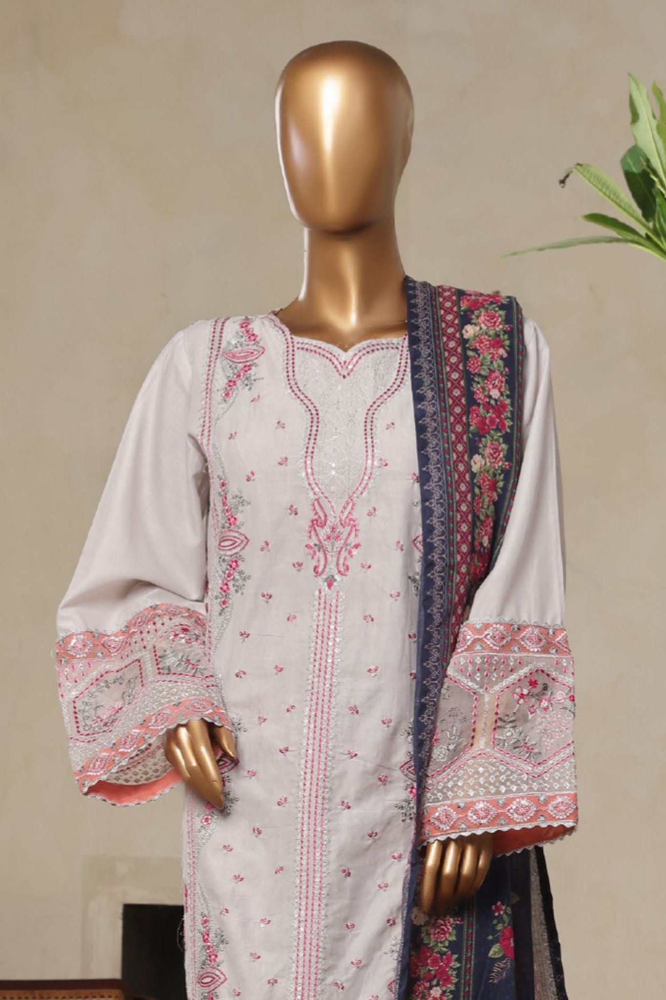 Bin Saeed Stitched 3 Piece Luxury Plain Cotton With Printed Back Vol-02 Collection'2025-NSM-2226-White