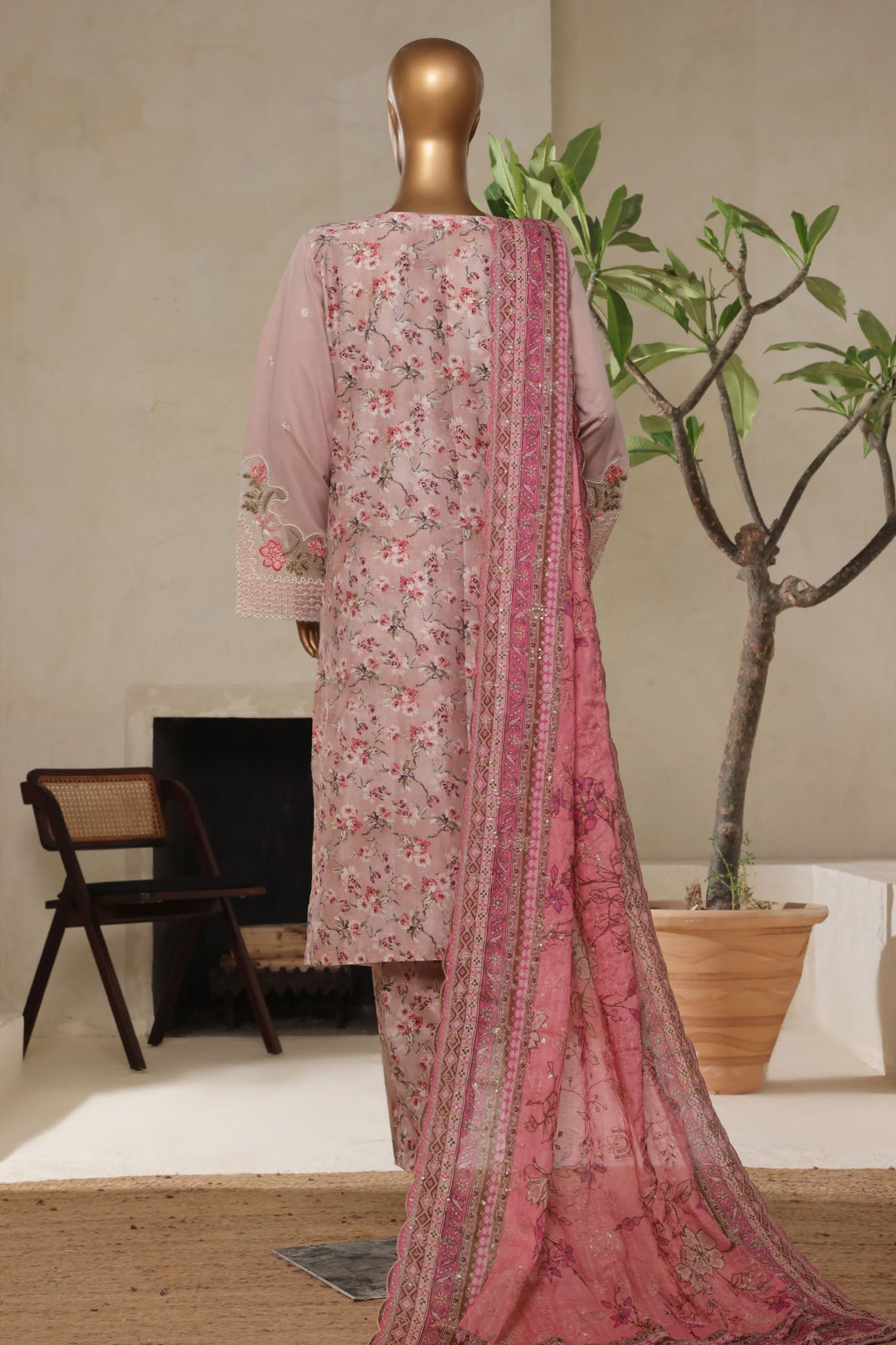 Bin Saeed Stitched 3 Piece Luxury Plain Cotton With Printed Back Vol-02 Collection'2025-NSM-2236-Tea-Pink