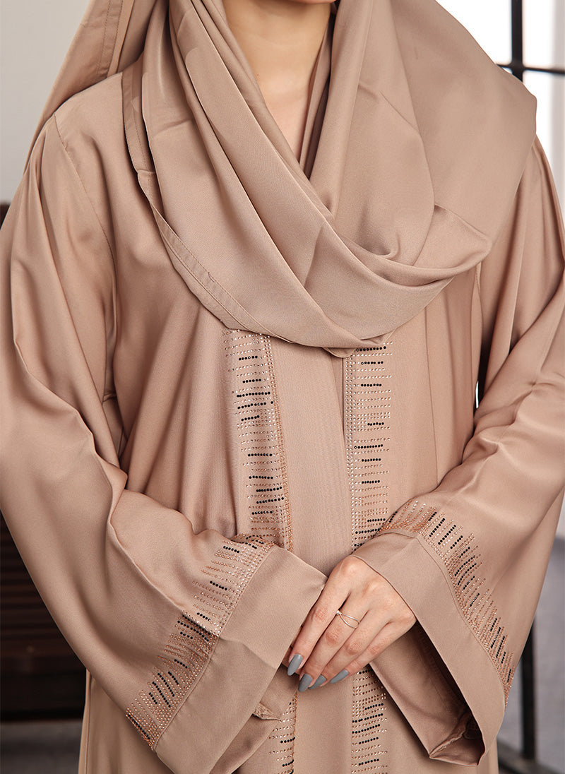 Hijab Ul Hareem Stone Work Front Open Abaya Beige Petal 0116-C-740