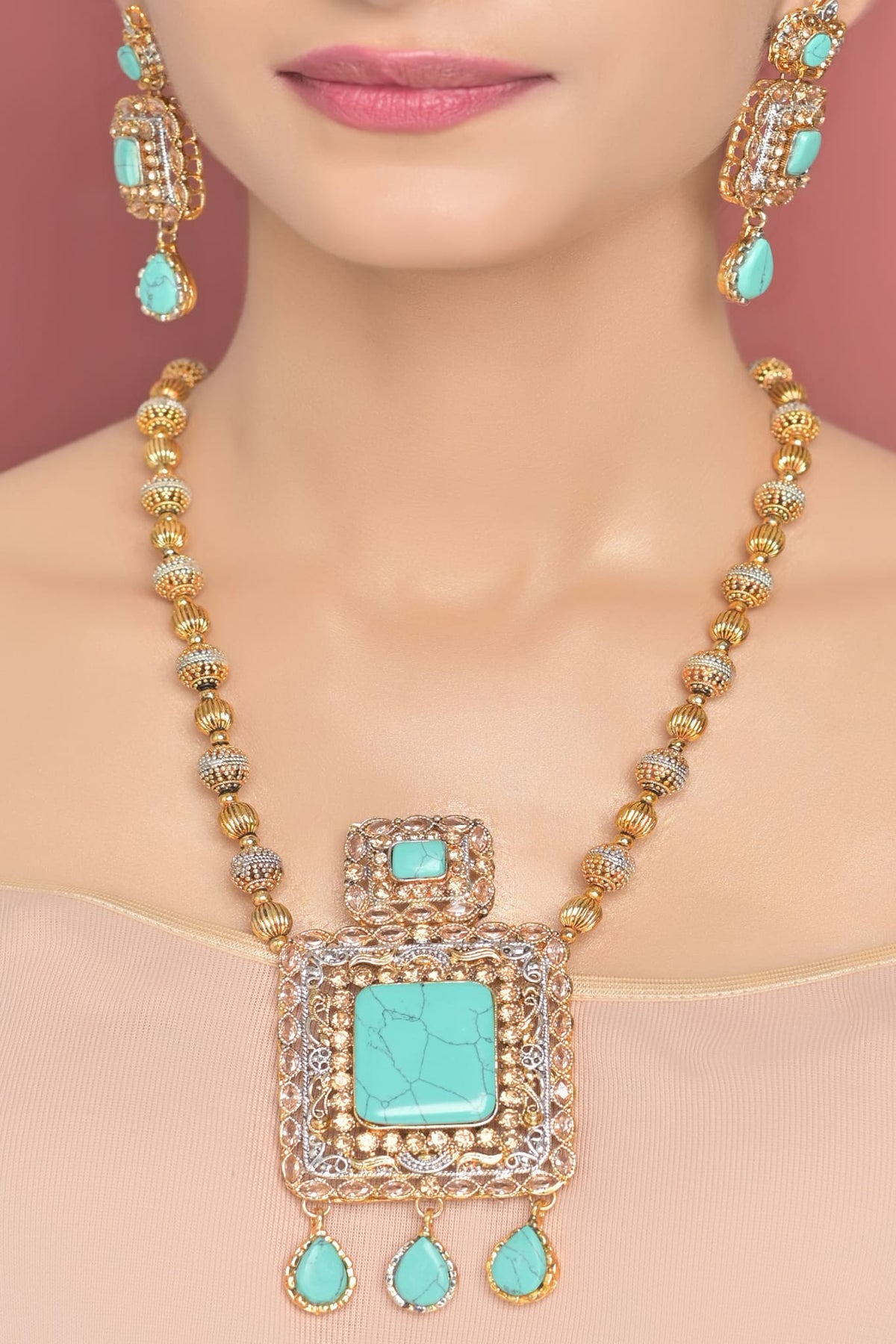 Egyptian Mala Set-OLJ-742-Golden And Ferozi