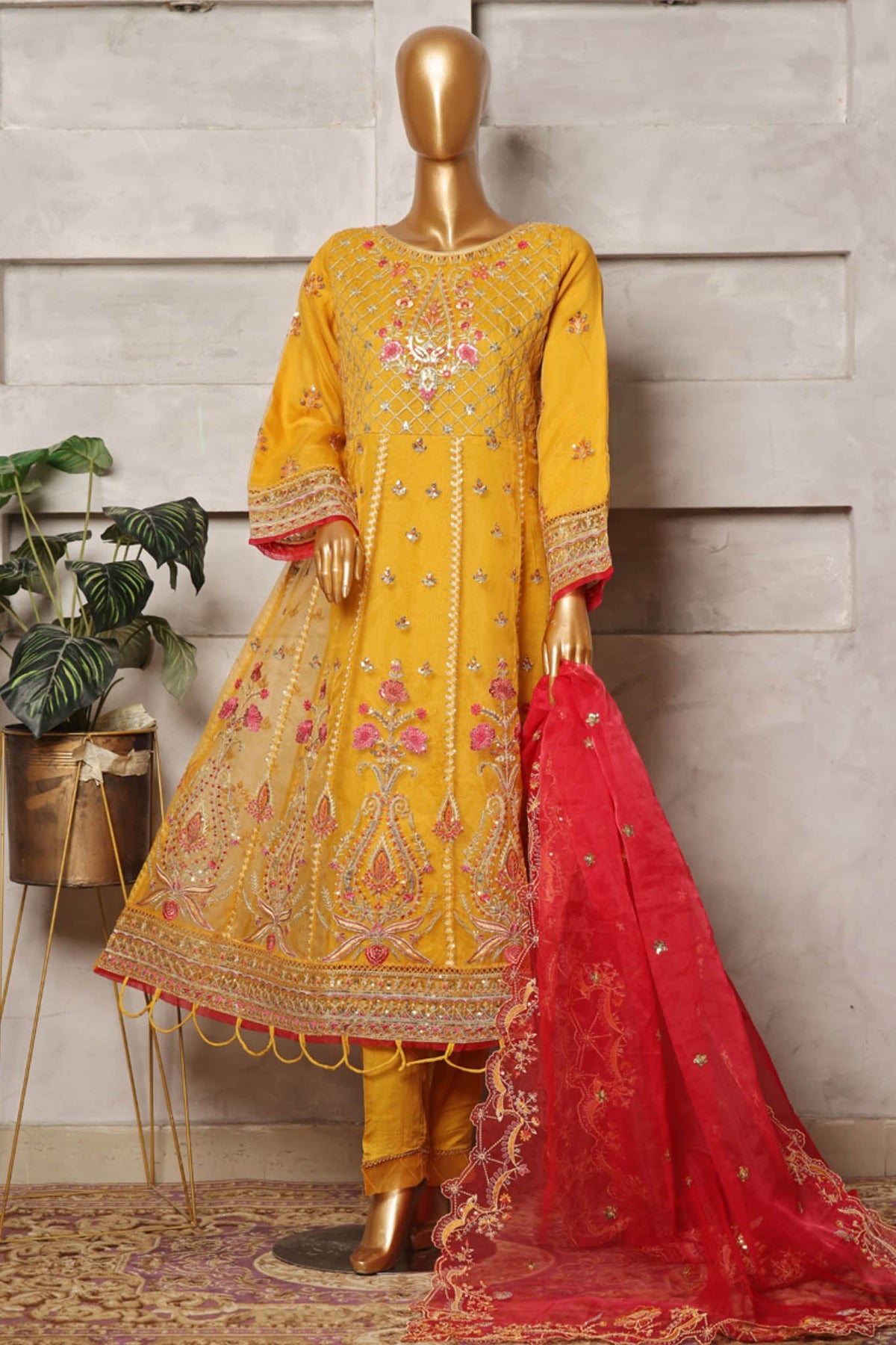 Bin Saeed Stitched 3 Piece Festive Formals Emb Organza Collection'2024-OWS-347-Yellow