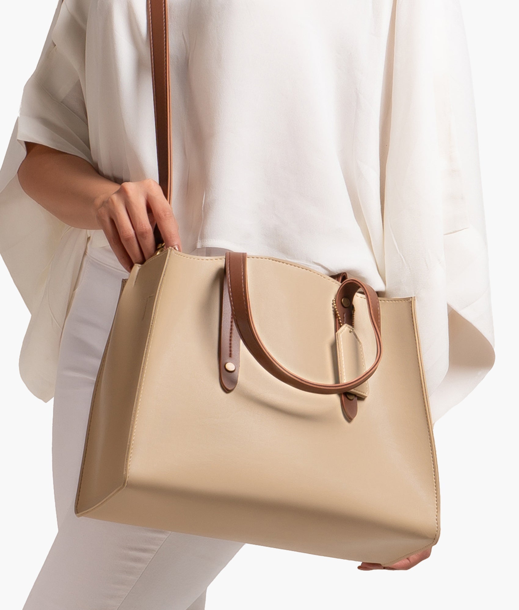 RTW Creation - Off-white with brown multi compartment satchel bag