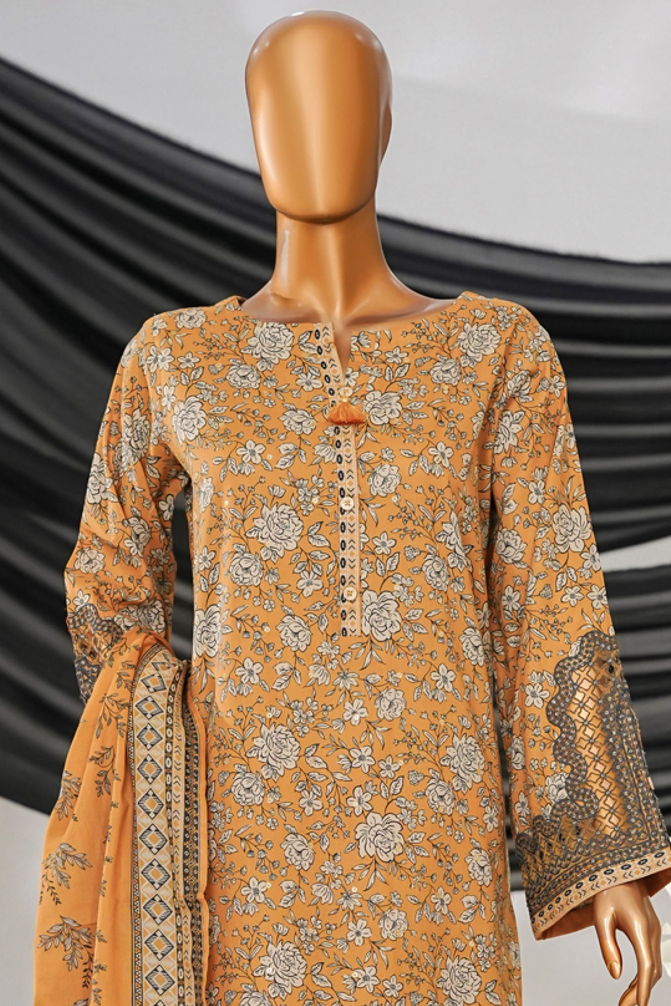 Intermix Thread & Needle By HZ Stitched 3 Piece Emb Cambric Collection'2025-POEL-3P-008-Mustard