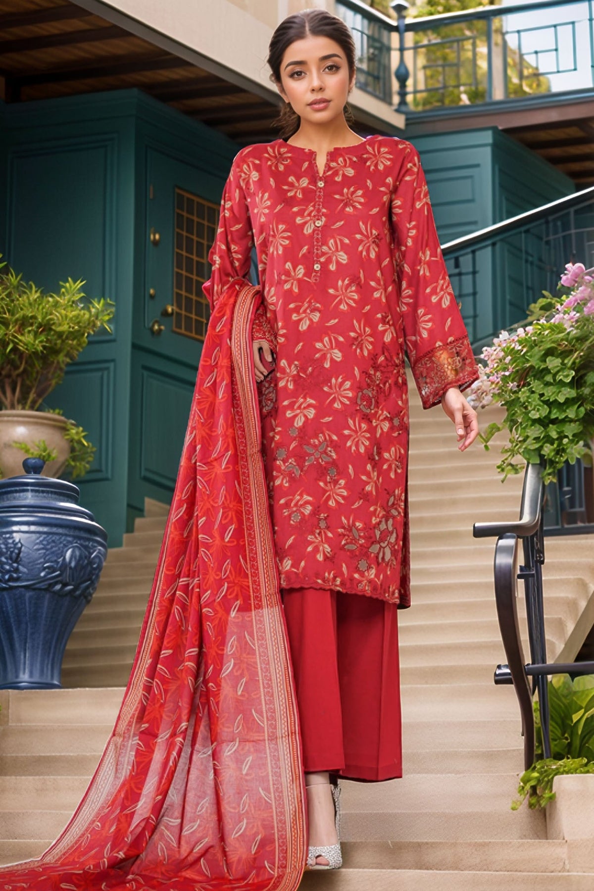 Intermix Thread & Needle By HZ Stitched 3 Piece Emb Cambric Collection'2025-POEL-3P-009-Maroon