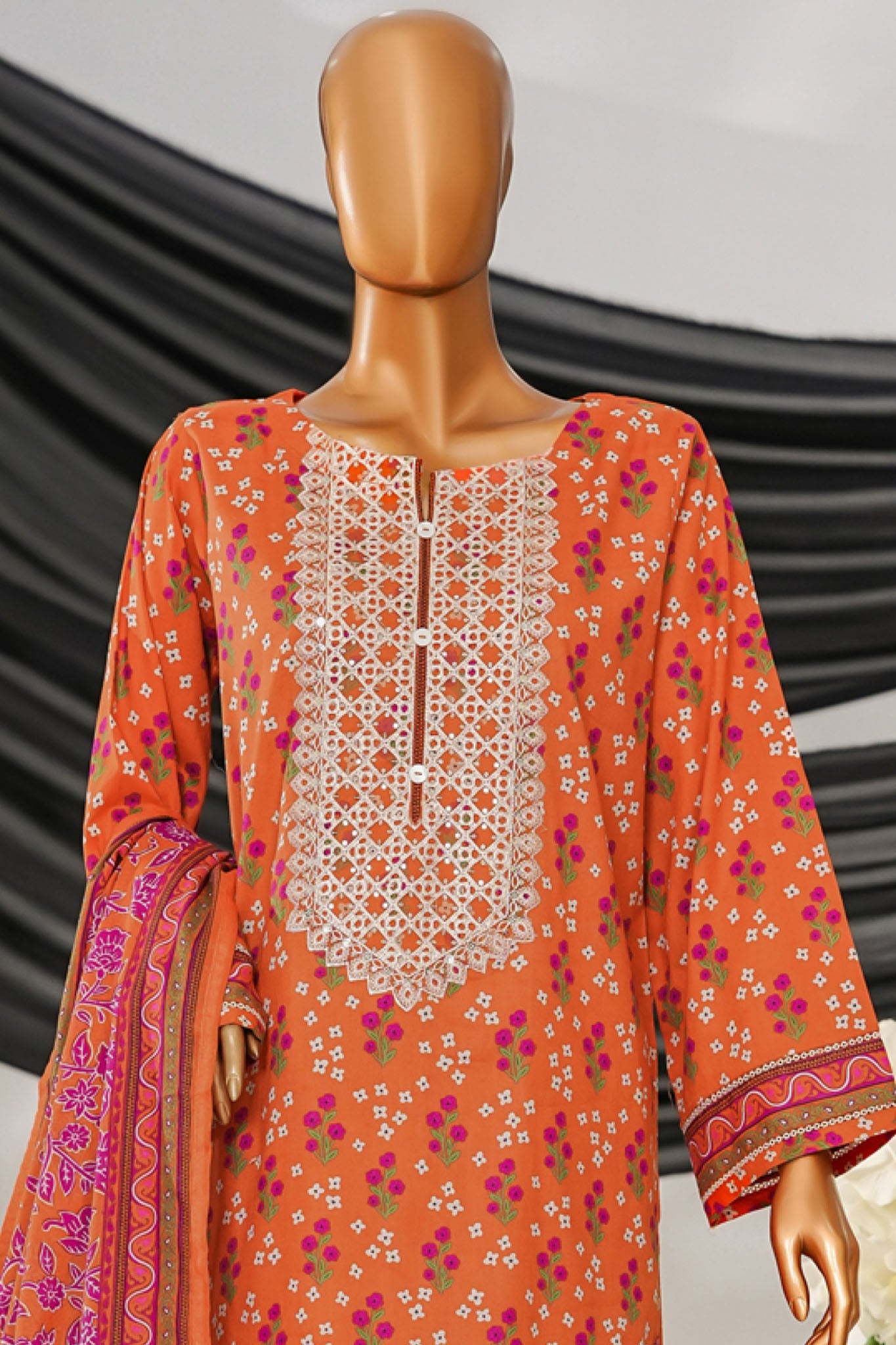 Intermix Thread & Needle By HZ Stitched 3 Piece Emb Cambric Collection'2025-POEL-3P-010-Orange