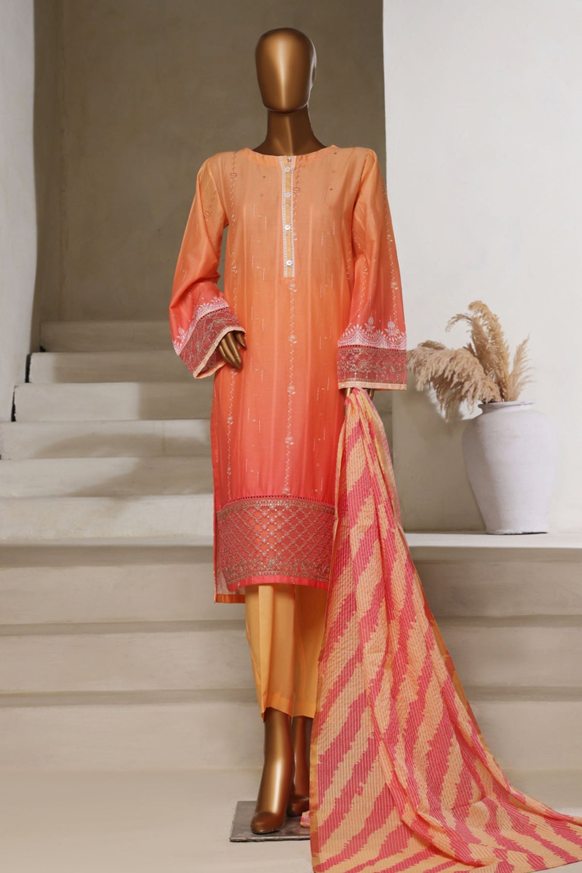 Ombre Damask By HZ Stitched 3 Piece Emb Jacquard Series Collection'2025-PSJ-028-Peach