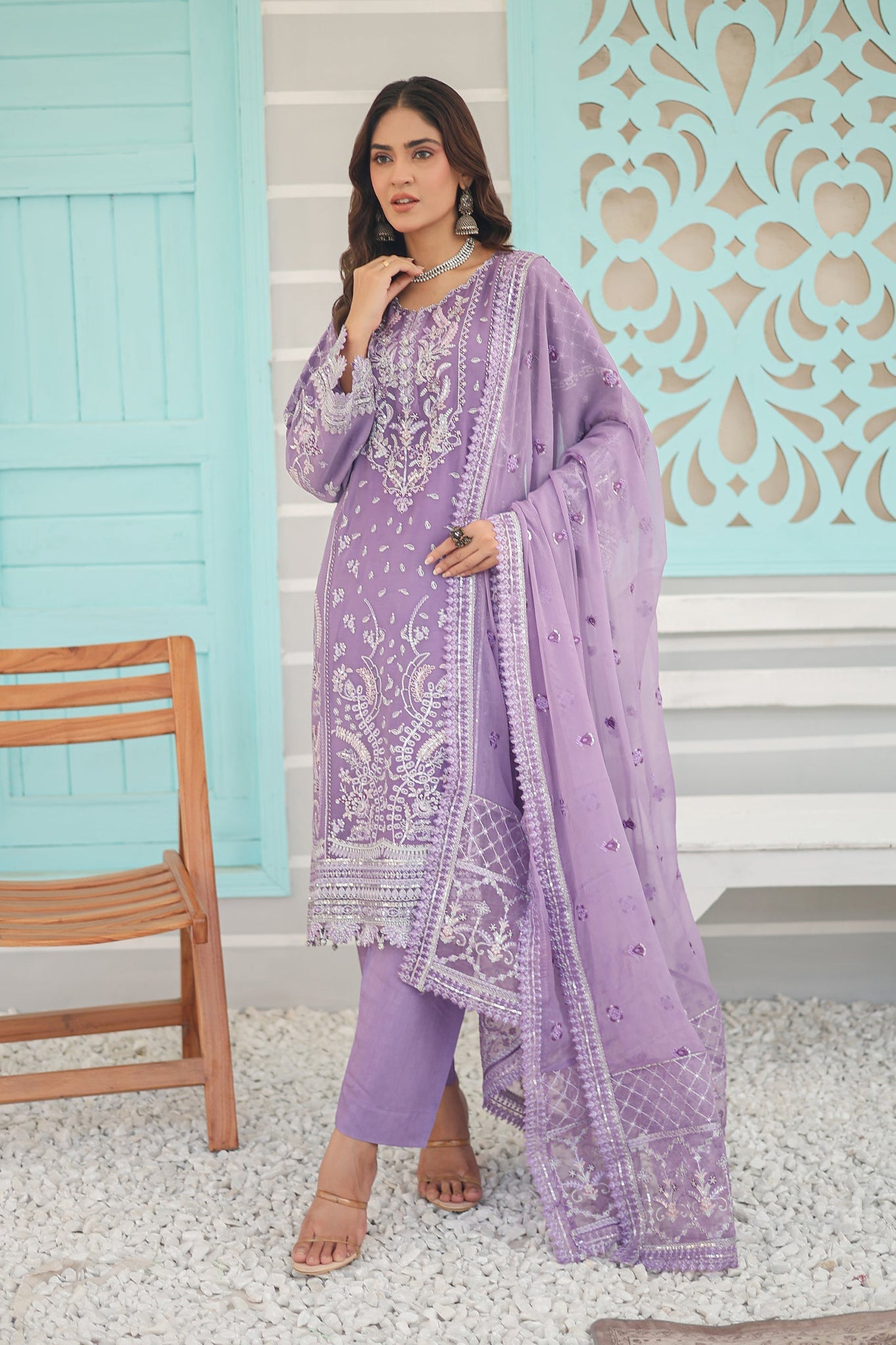 Inara By Azmeerah Official Semi Stitched 3 Piece Chiffon Edit Collection'2024-01-Peri Winkle