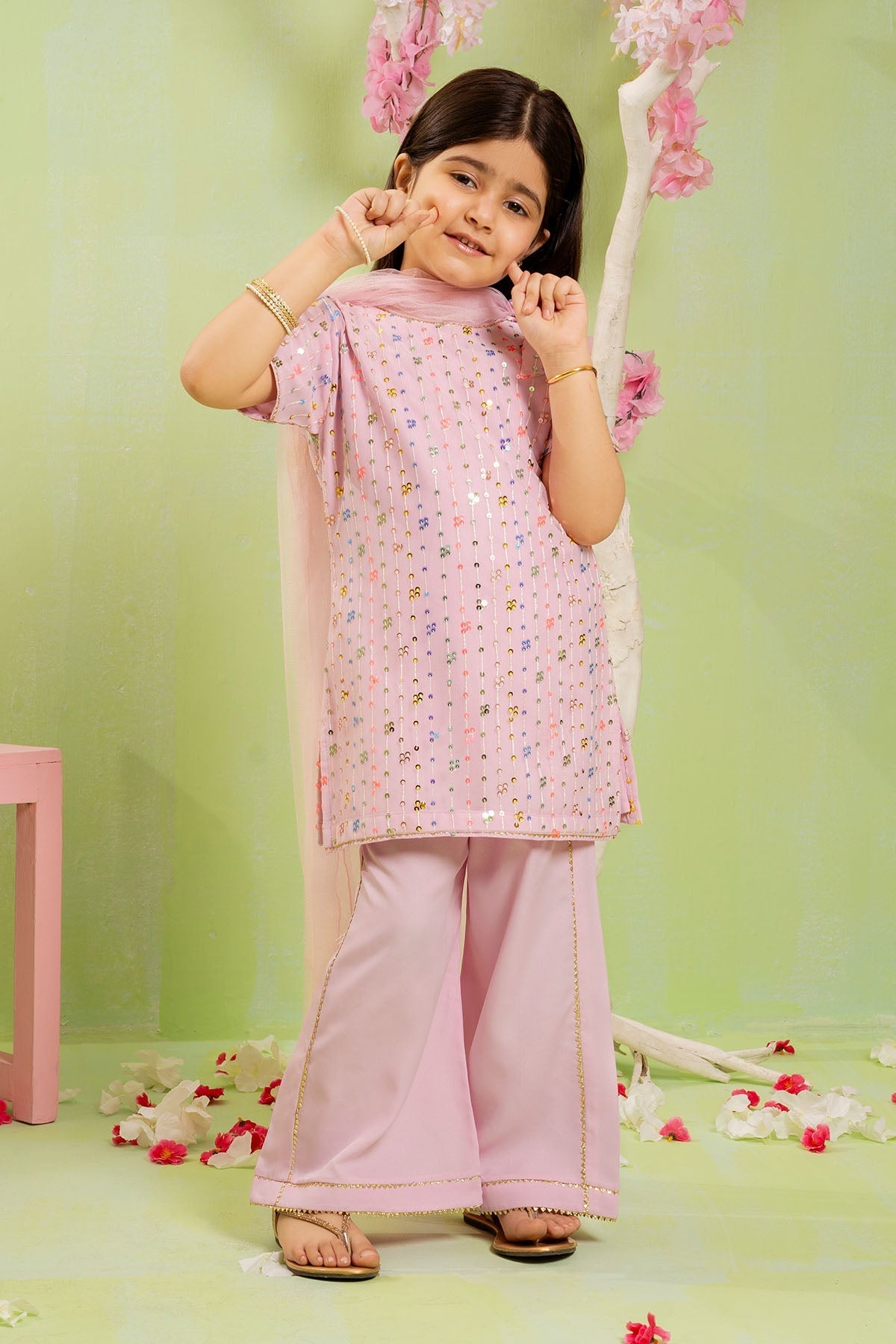 Shop the Sequence Embroidered Net 3 Pc Suit in pinkâ??elegant, stylish, and comfy dress for kids.