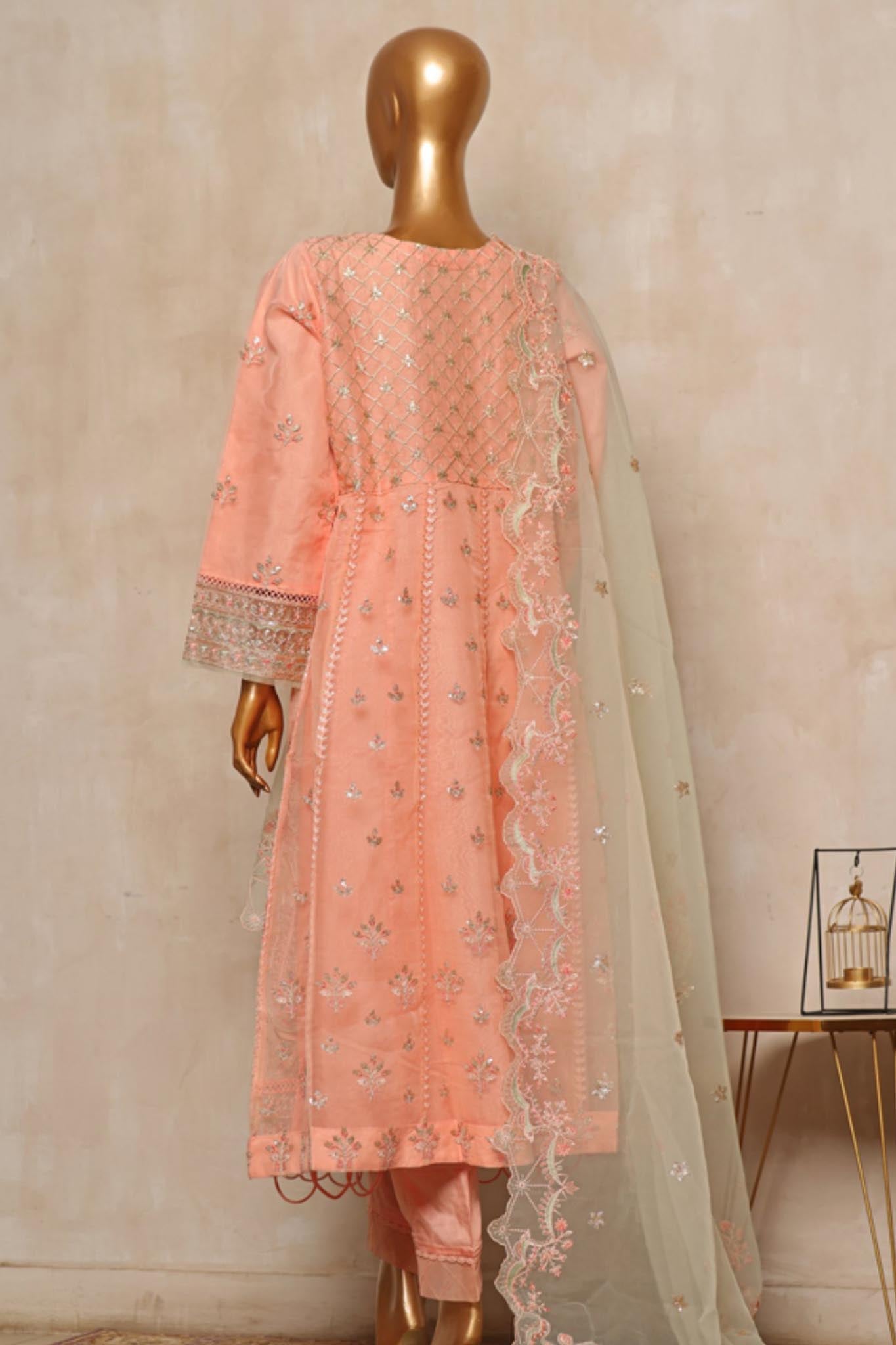 Bin Saeed Stitched 3 Piece Organza Festive Formals Collection'2024-STS-303-Peach