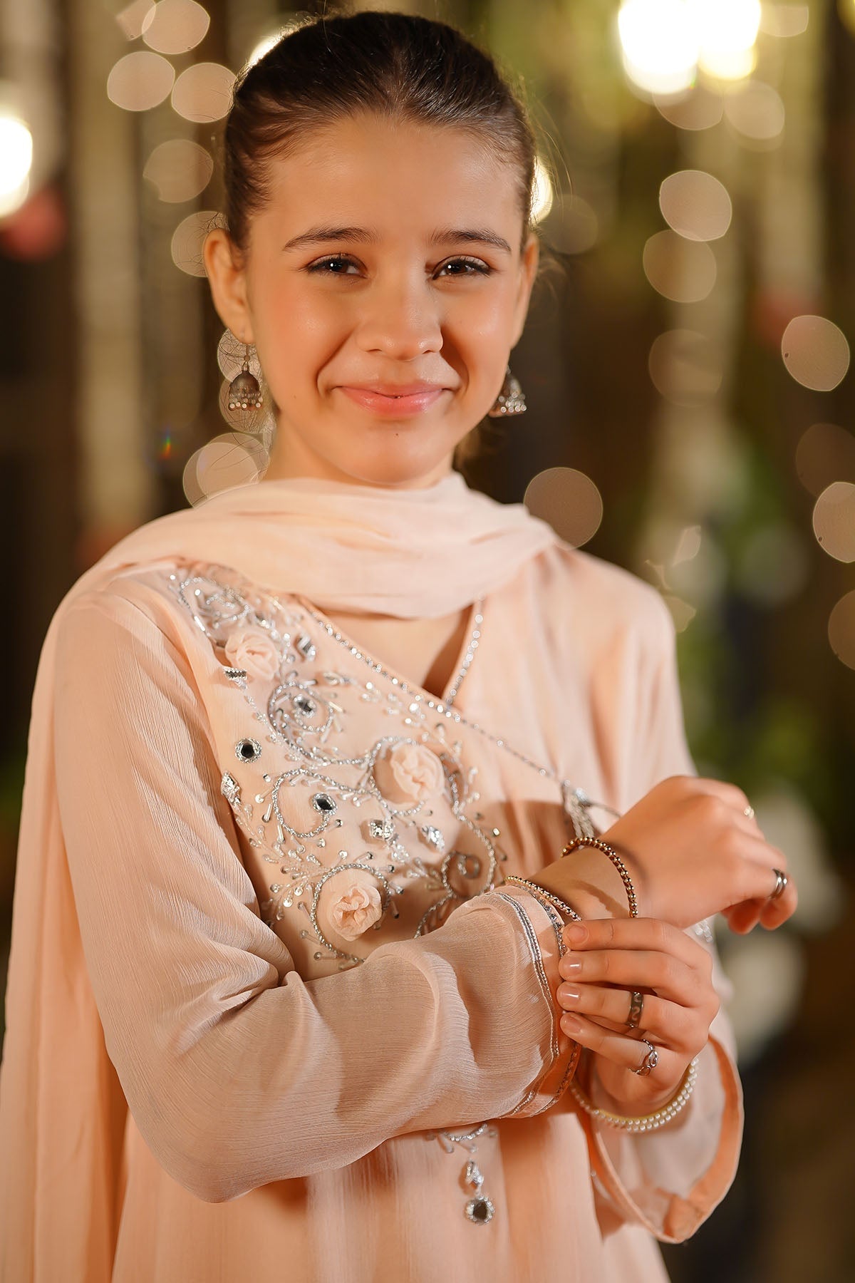 Ochre Clothing Girls Full Suits Chiffon Hand Adda Work 3 Pc Suit