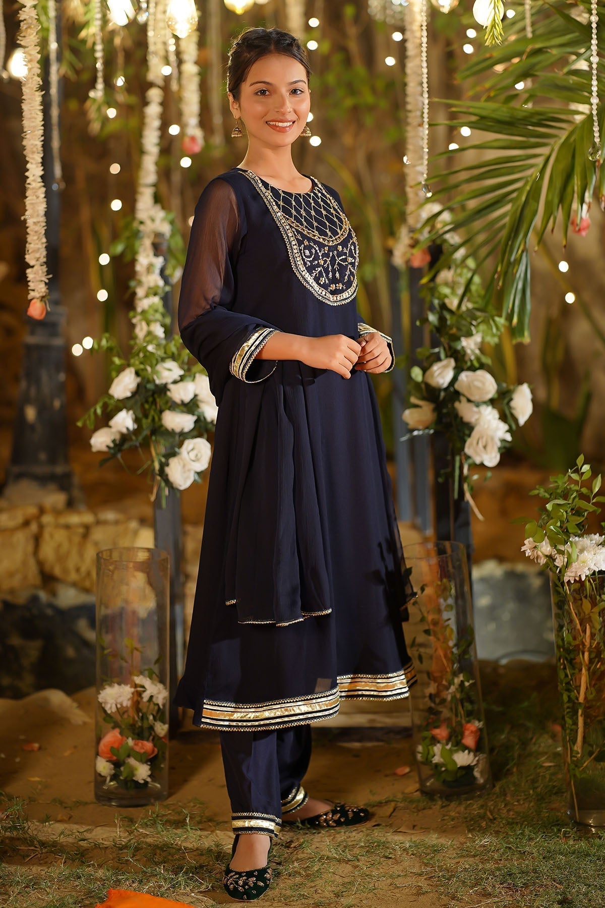 Ochre Clothing Girls Full Suits Chiffon Hand Adda Work 3 Pc Suit