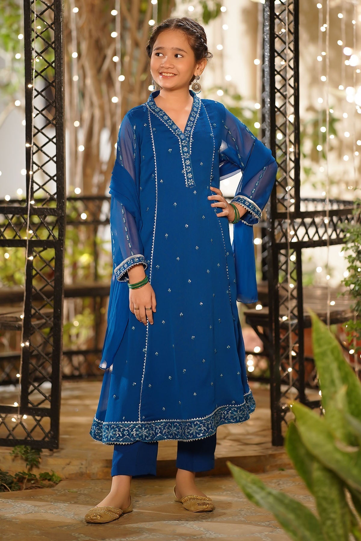 Ochre Clothing Girls Full Suits Chiffon Embroidered 3 Pc Suit