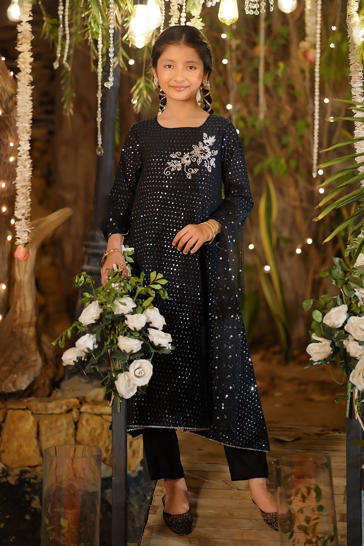 Ochre Clothing Girls Full Suits Sequence Net Hand Adda Work 3 Pc Suit