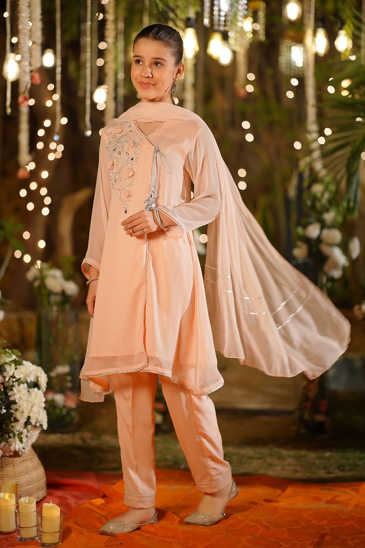 Ochre Clothing Girls Full Suits Chiffon Hand Adda Work 3 Pc Suit