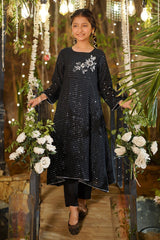 Ochre Clothing Girls Full Suits Sequence Net Hand Adda Work 3 Pc Suit