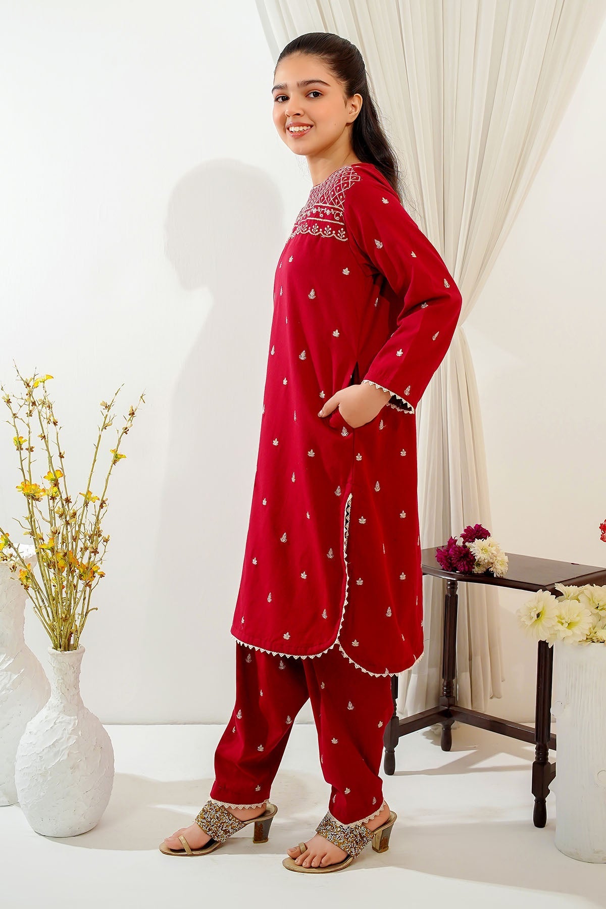 Ochre Clothing Girls Co-ords Cotton Embroidered 2 Pc Suit