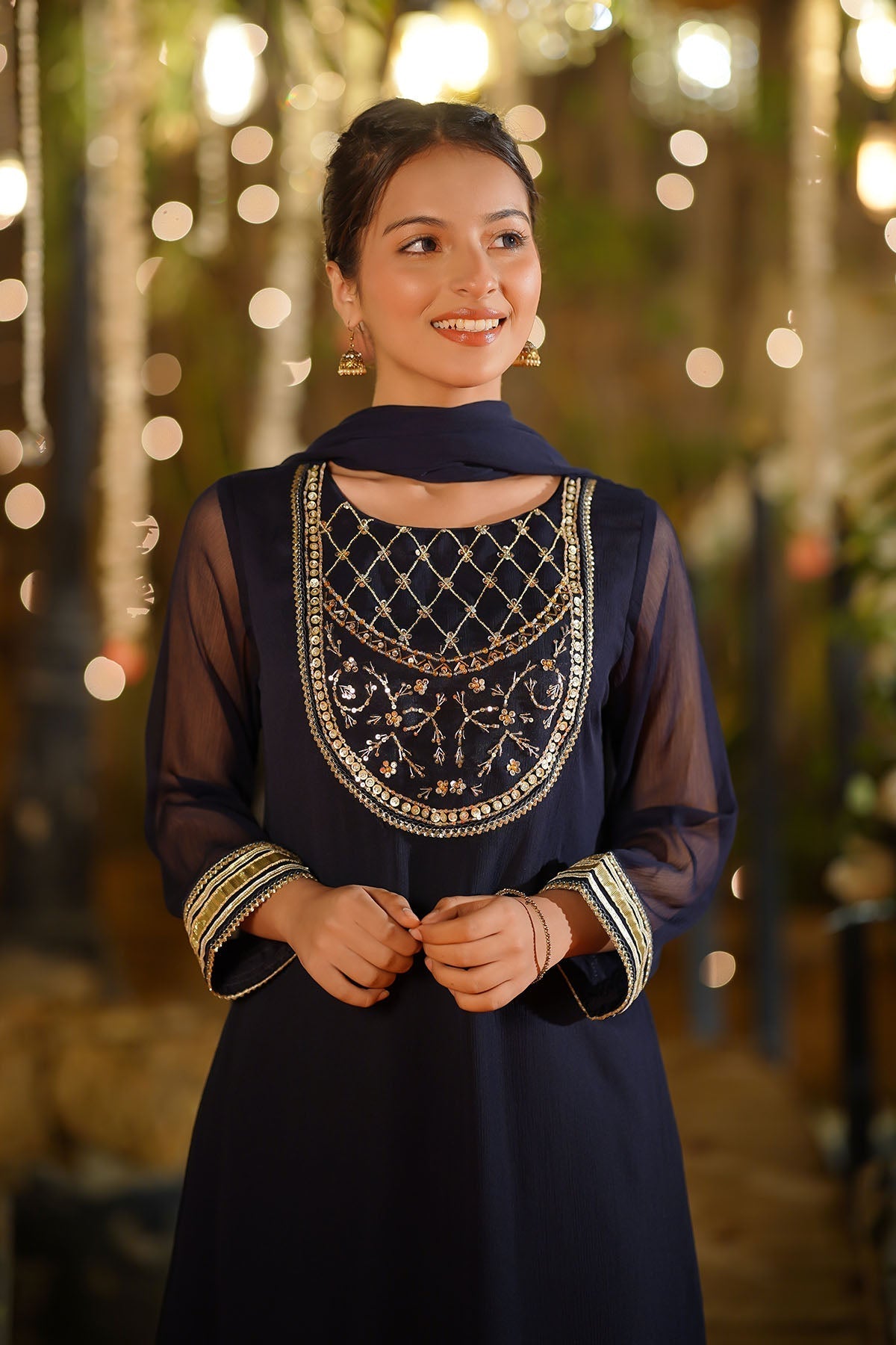 Ochre Clothing Girls Full Suits Chiffon Hand Adda Work 3 Pc Suit