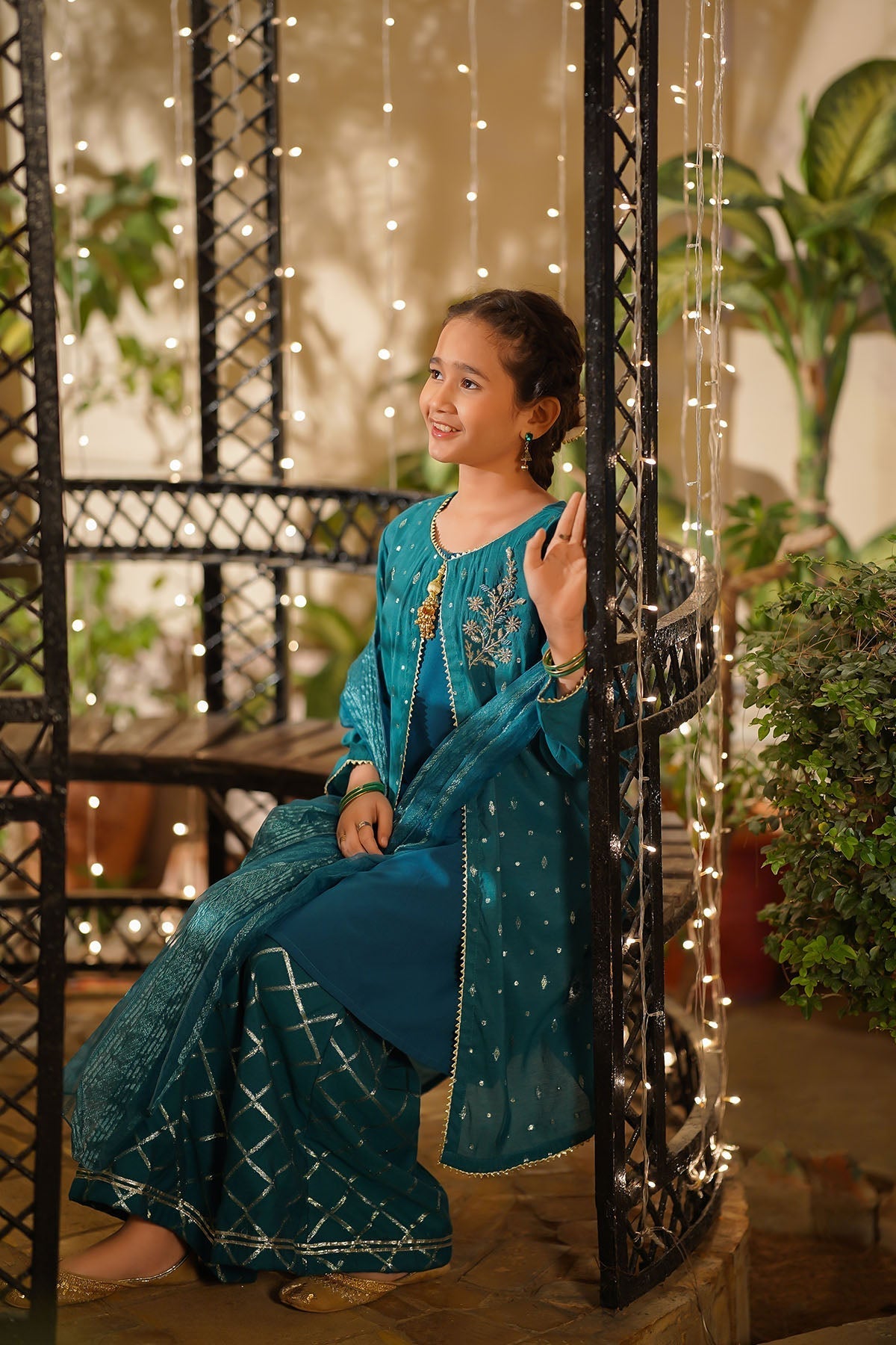 Ochre Clothing Girls Full Suits Viscose Jacquard Hand Adda Work 3 Pc  Suit