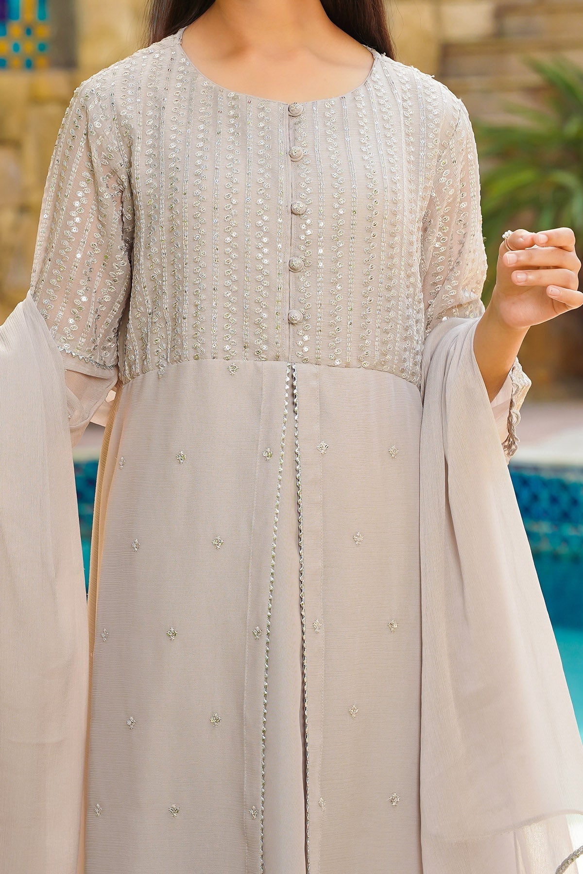 Chiffon Hand Adda Work 3 Pc Suit - Wear Ochre