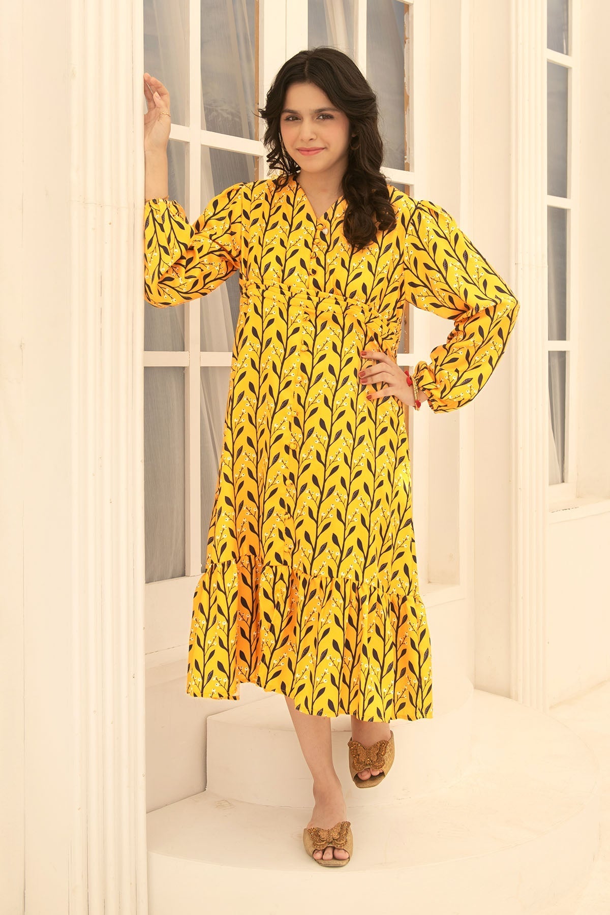 Ochre Clothing Herringbone Digital Printed Dress-OWLL-10