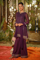 Ochre Clothing Girls Full Suits Chiffon Embroidered 3 Pc Suit