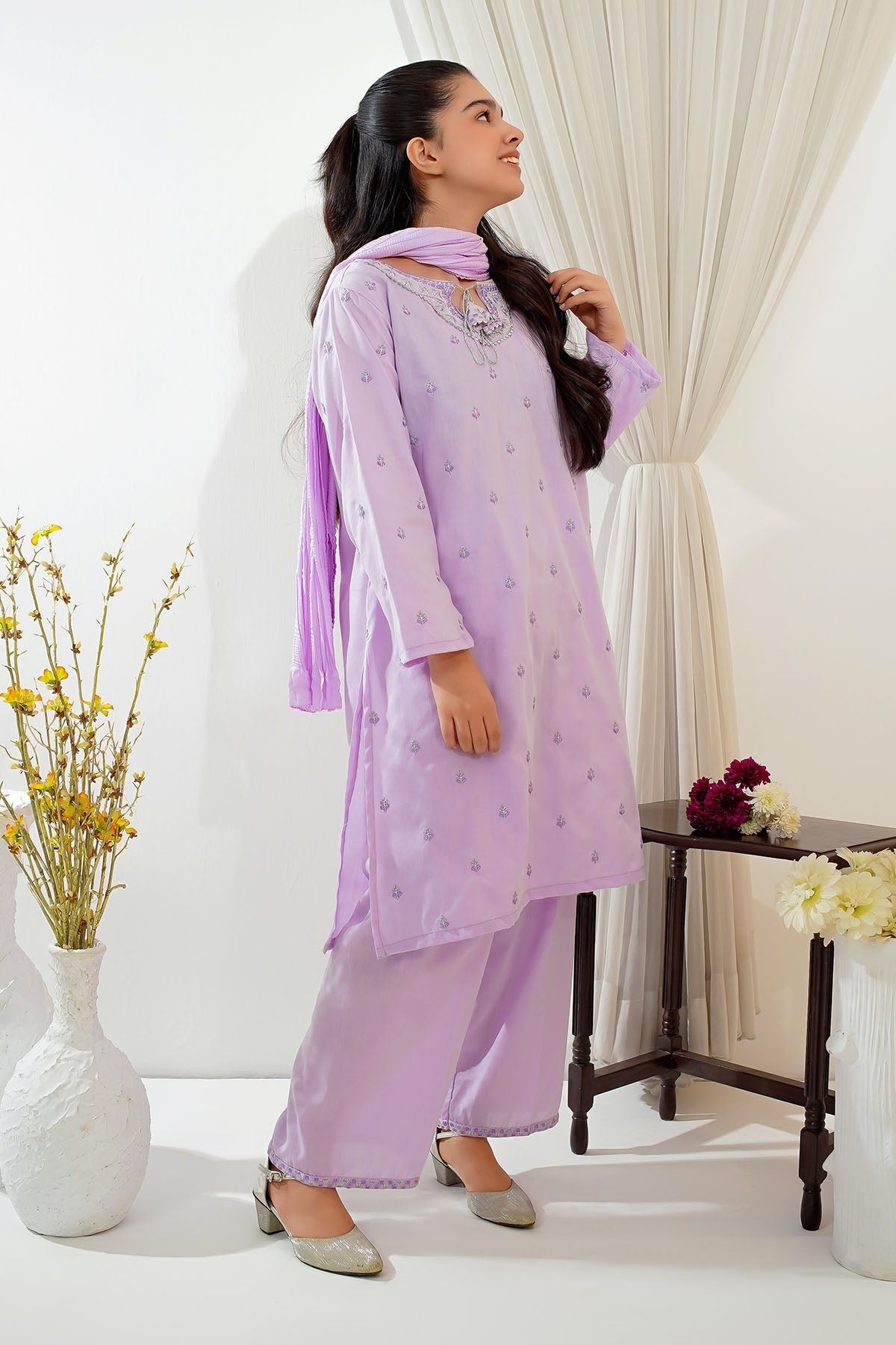 Ochre Clothing Girls Full Suits Cotton Embroidered 3 Pc Suit