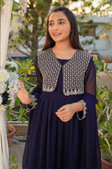 Ochre Clothing Girls Full Suits Chiffon Embroidered 3 Pc Suit