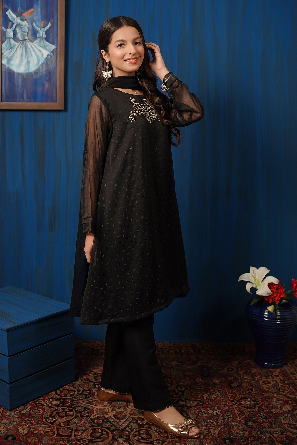 Chiffon Hand Adda Work 3 Pc Suit - Wear Ochre