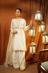 Ochre Clothing Girls Full Suits Zari Jacquard Embroidered 3 Pc Suit