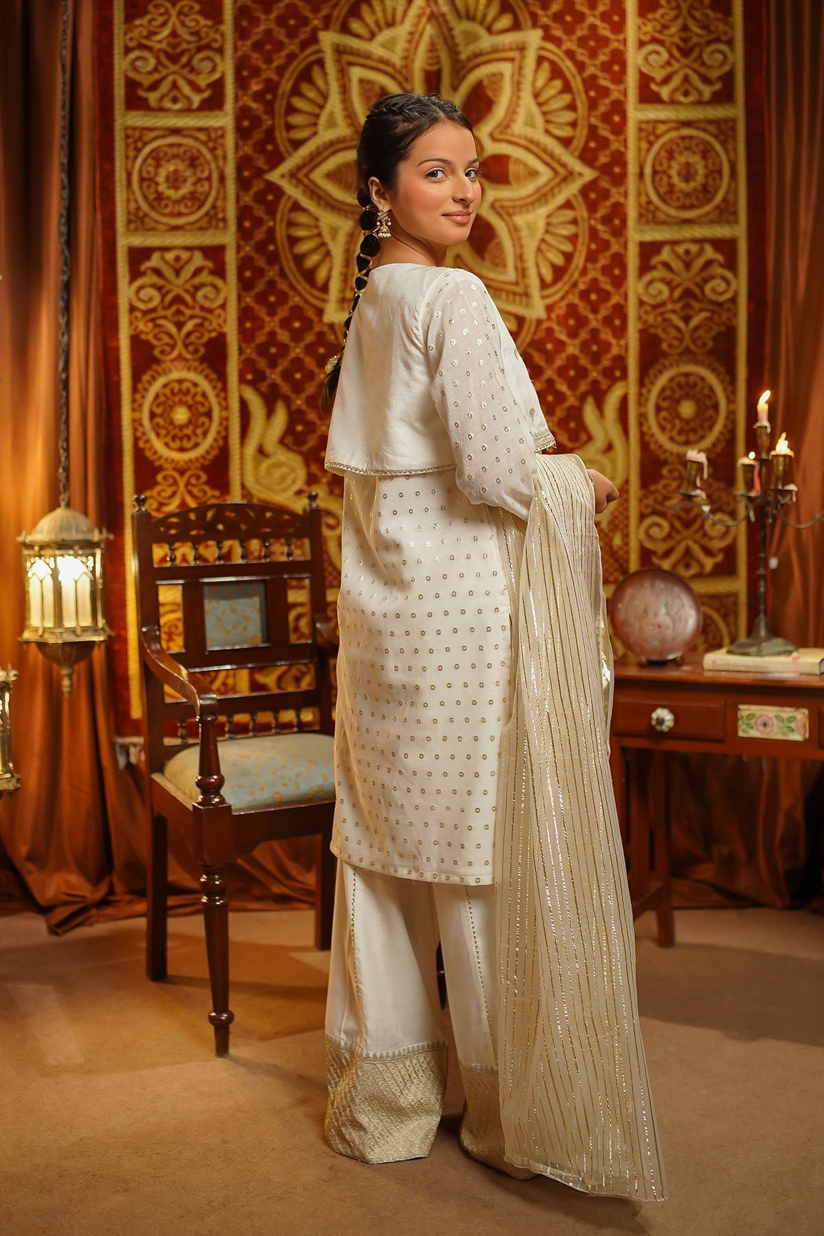 Ochre Clothing Girls Full Suits Zari Jacquard Embroidered 3 Pc Suit