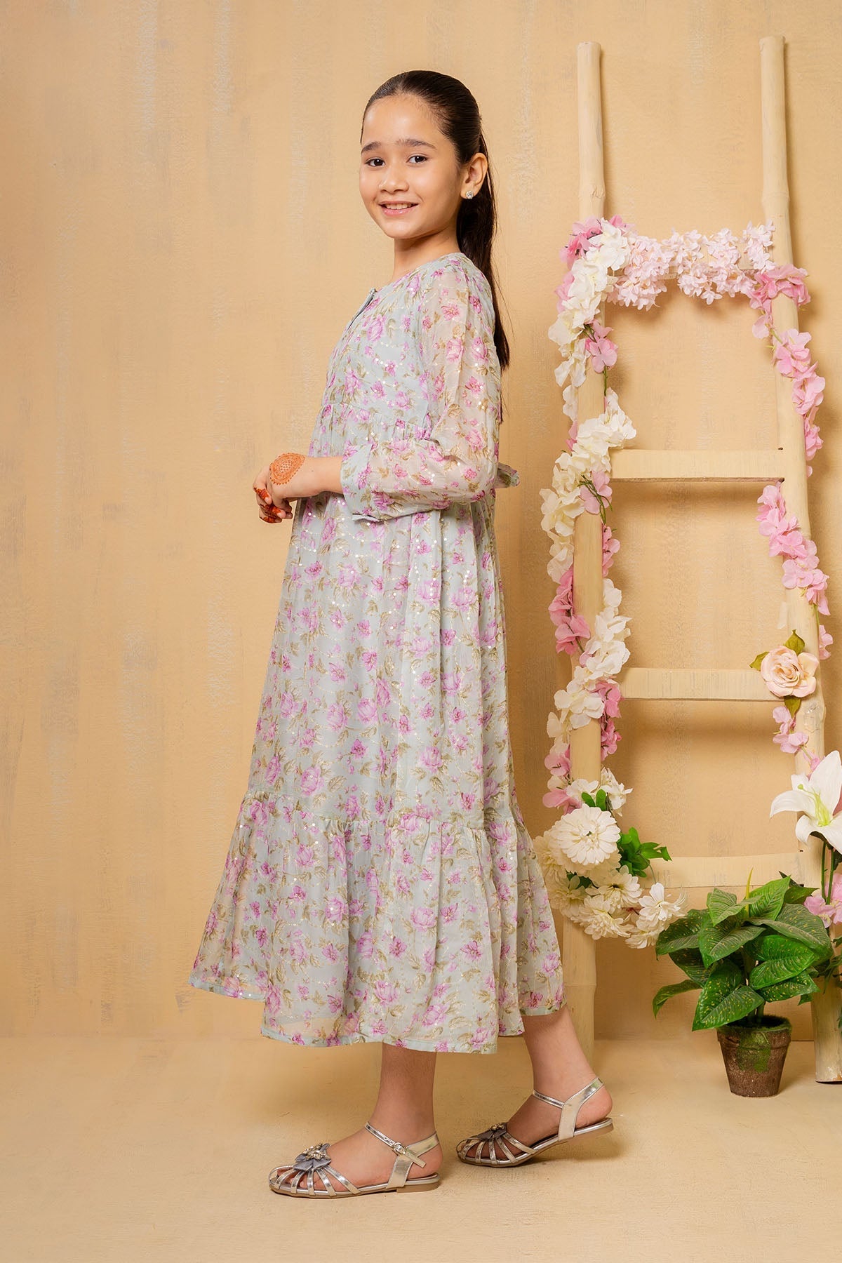 Ochre Clothing Sequence Embroidered/Printed Chiffon Dress
