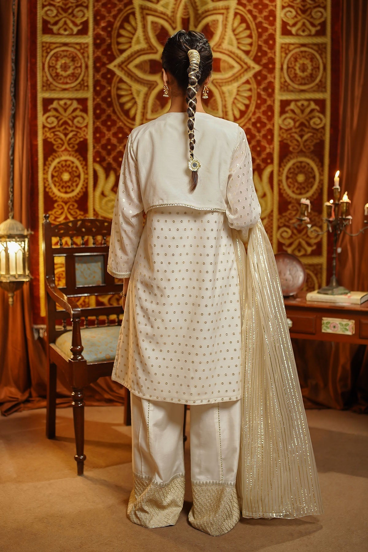 Ochre Clothing Girls Full Suits Zari Jacquard Embroidered 3 Pc Suit