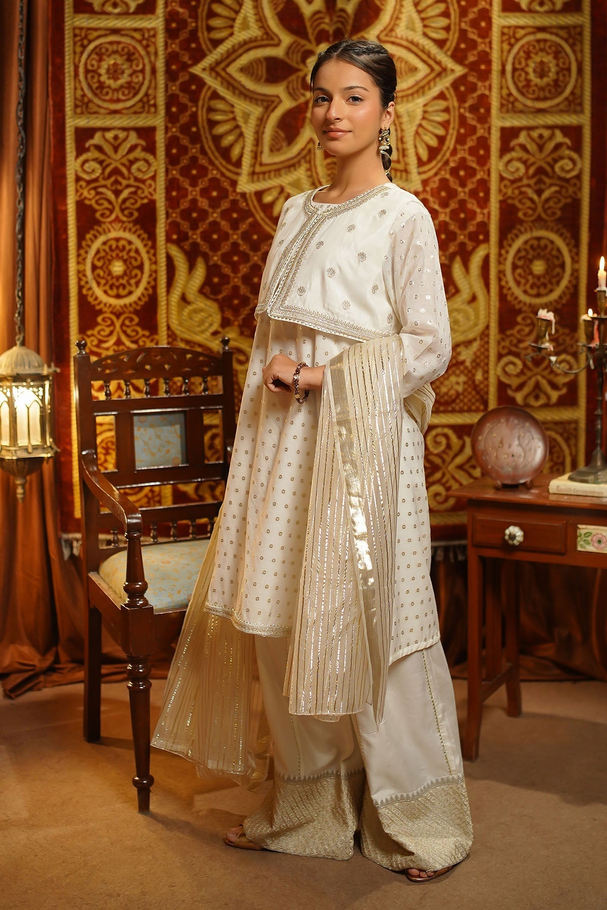 Ochre Clothing Girls Full Suits Zari Jacquard Embroidered 3 Pc Suit
